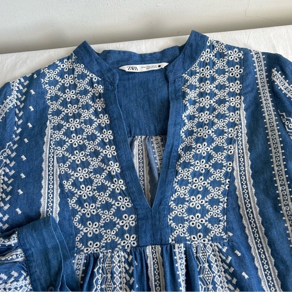 Zara Embroidered Eyelet Chambray Tunic Peasant Mini Dress - Picture 11 of 14